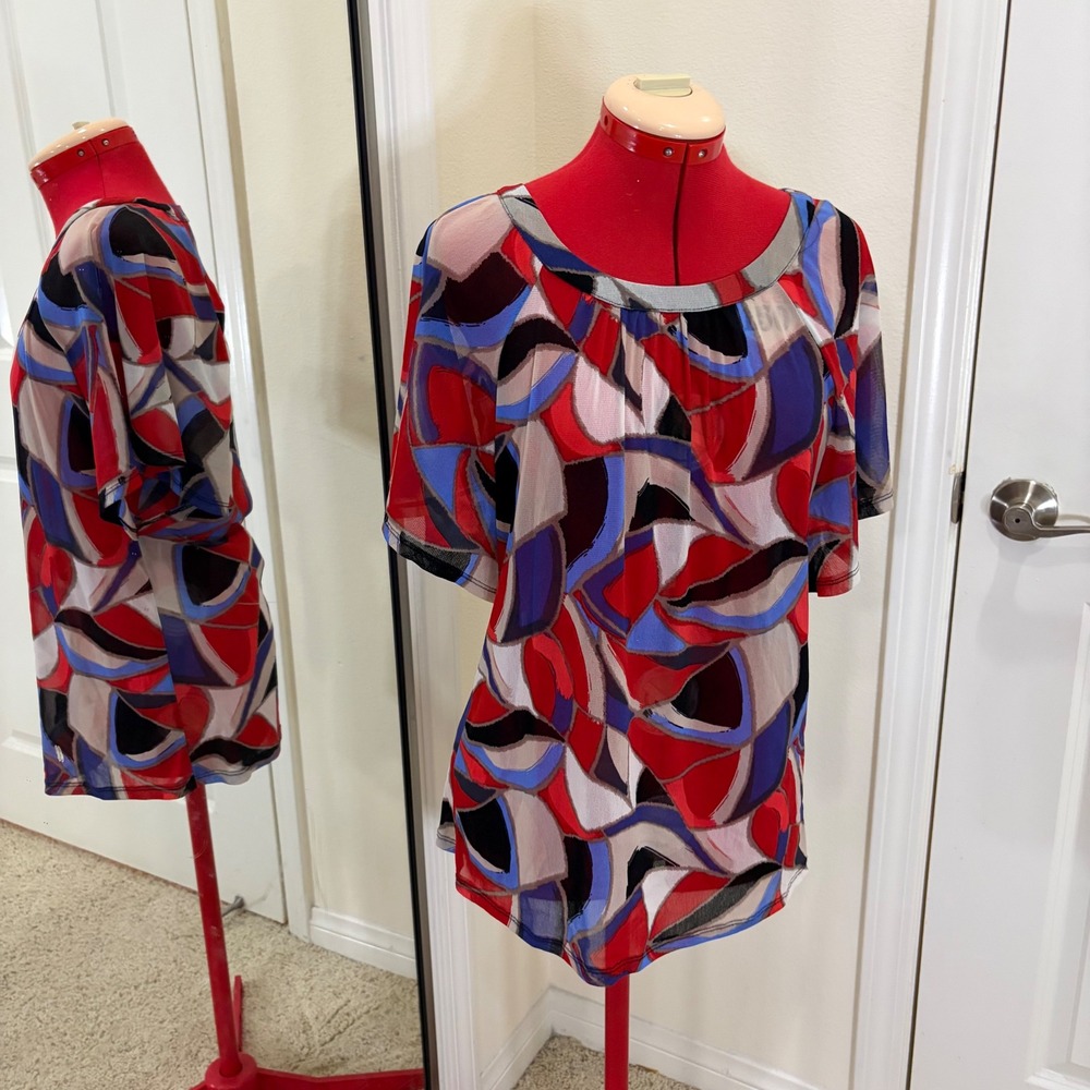 Rave Womens Red Blue Abstract Geometric Mesh Sheer Tunic Blouse Small